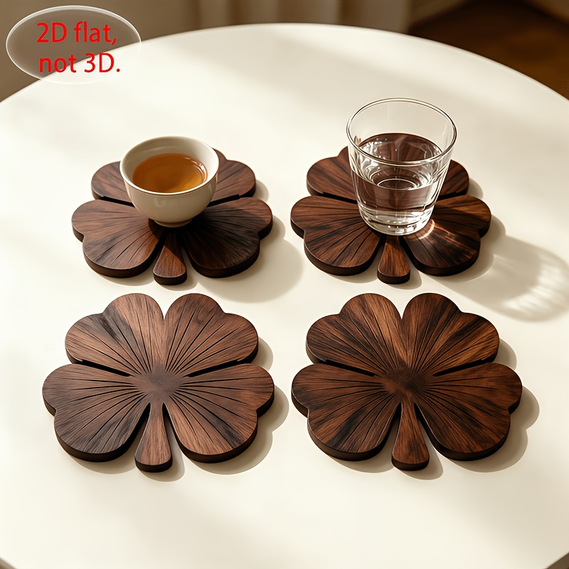 Coffee Tea And Sugar Set - 2D 평면 클로버 모양 나무 컵받침