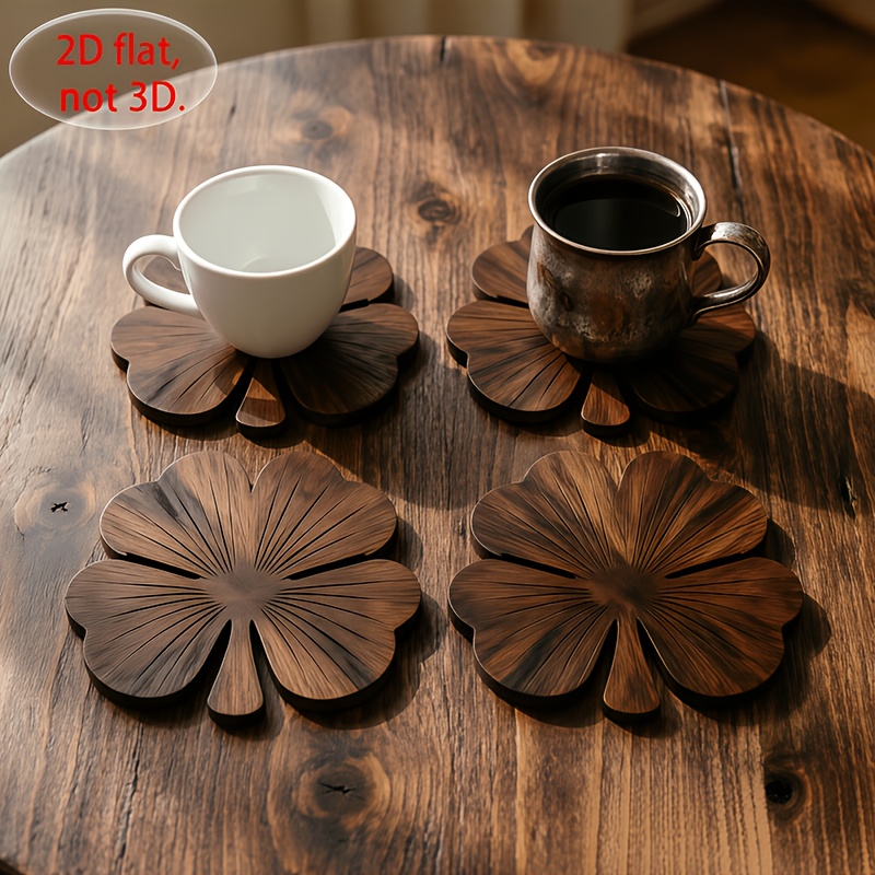 2D 평면 클로버 모양 나무 컵받침 4개 세트, 월넛  - Coffee Tea And Sugar Set 리뷰 및 가격
