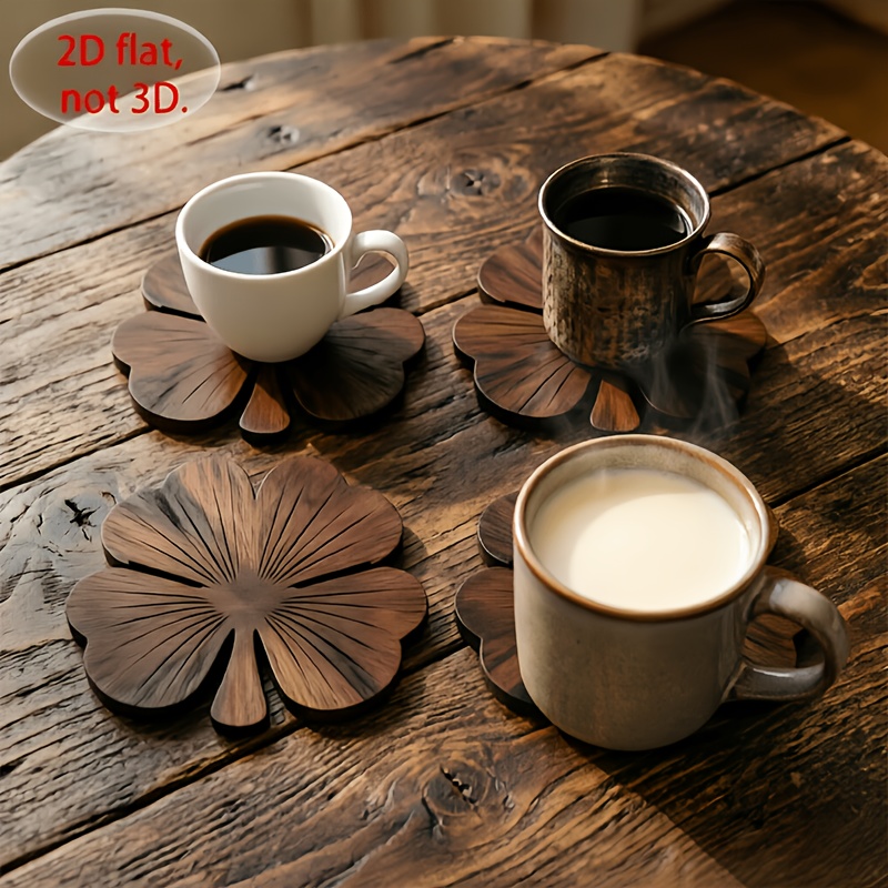 2D 평면 클로버 모양 나무 컵받침 4개 세트, 월넛  - Coffee Tea And Sugar Set 리뷰 및 가격